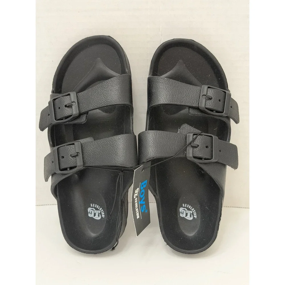 QT Revolution Boys Black Dual Strap Buckle Slide Sandals Size M 13/1 NEW‎